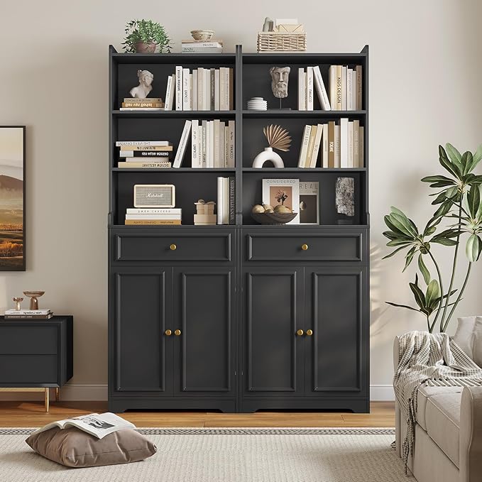 DICTAC Bookcase Set of 2 with Drawer and Doors 73.23''Tall Bookshelf with Storage Shelves Freestanding Storage Cabinet with Microwave Space storage Organizer for Home Office,Living Room,Bathroom,Black