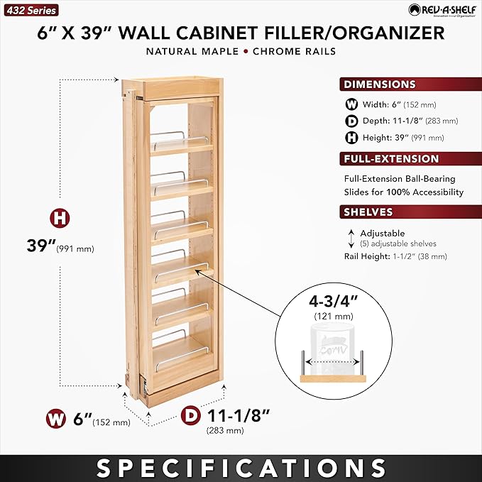 Rev-A-Shelf 6" W x 39" H Pull Out Quad Shelf Organizer for Wall & Base Kitchen Cabinets, Full Extension Filler Spice Rack, Adjustable, Wood, 432-WF39-6C