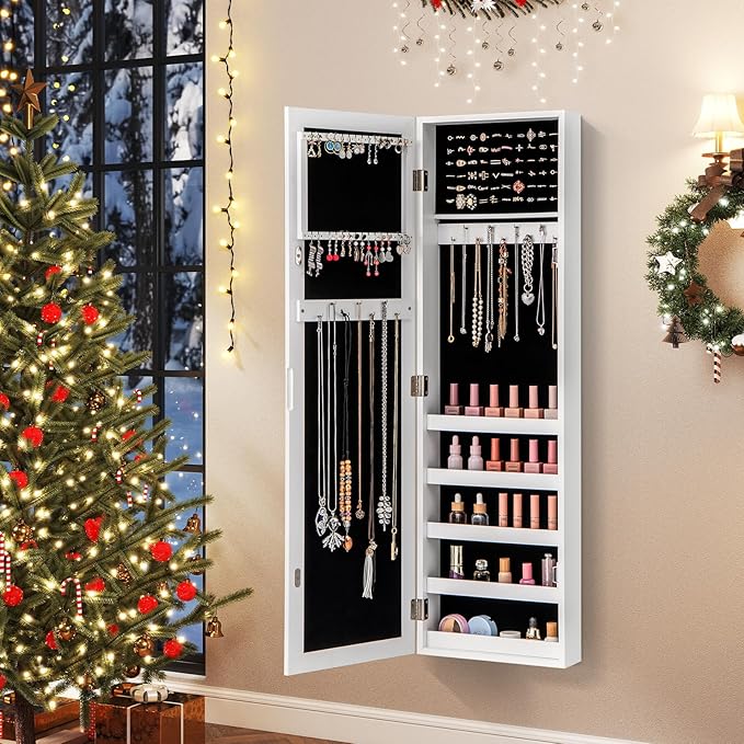Giantex Jewelry Armoire with Full Length Mirror, Wall and Door Mounted Jewelry Cabinet Organizer with Magnetic Door, Large Storage for Earrings, Rings, Necklaces & Accessories, White