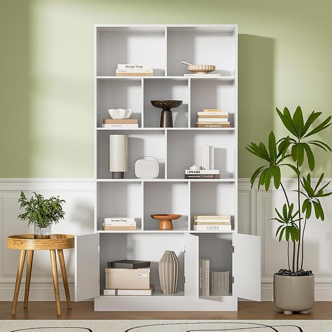 71" Tall Bookshelf with 10 Cubes and 3 Doors, 4-Tier Bookshelf, Open Shelf Bookcase with Cabinet, Modern Cube Storage Organizer for Living Room, and Office, White