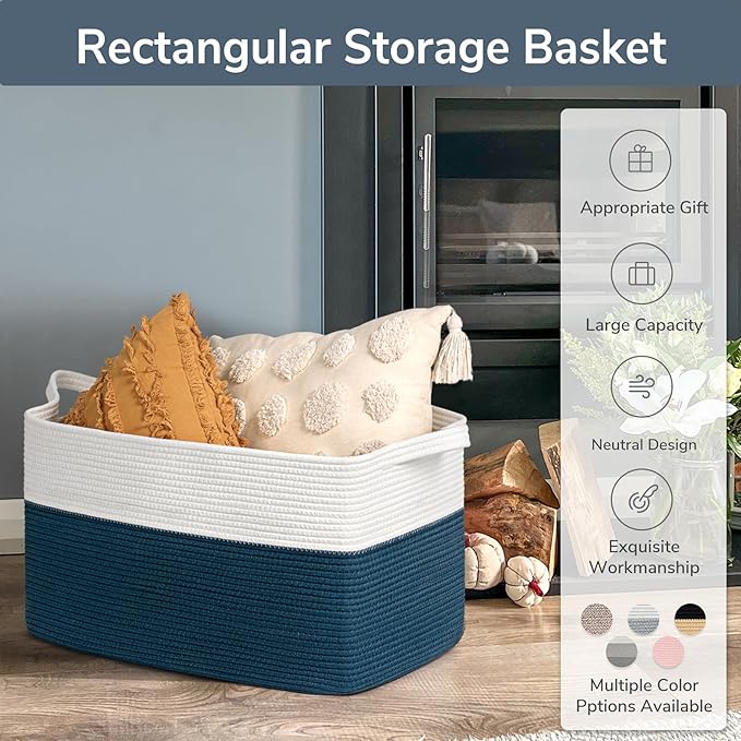 Goodpick Large Storage Baskets for Organizing, Woven Baskets for Storage, Blanket Basket Living Room, Rectangle Dirty Clothes Basket for Laundry, 21.6" x 14.9" x 11.8", Blue