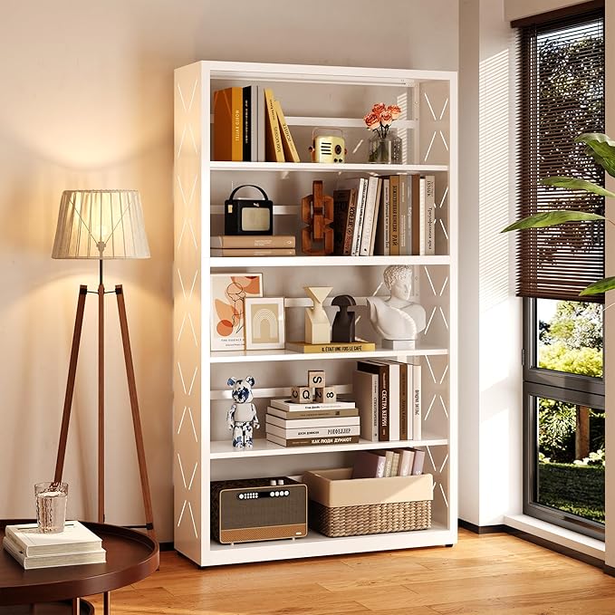 5 Tier Bookcase,Industrial Bookshelf,55" White Metal Tall Bookshelf with Adjustable Feet and Adjustable Shelves,Home Office Bookcase Shelf Storage Organizer for Living Room、Kitchen