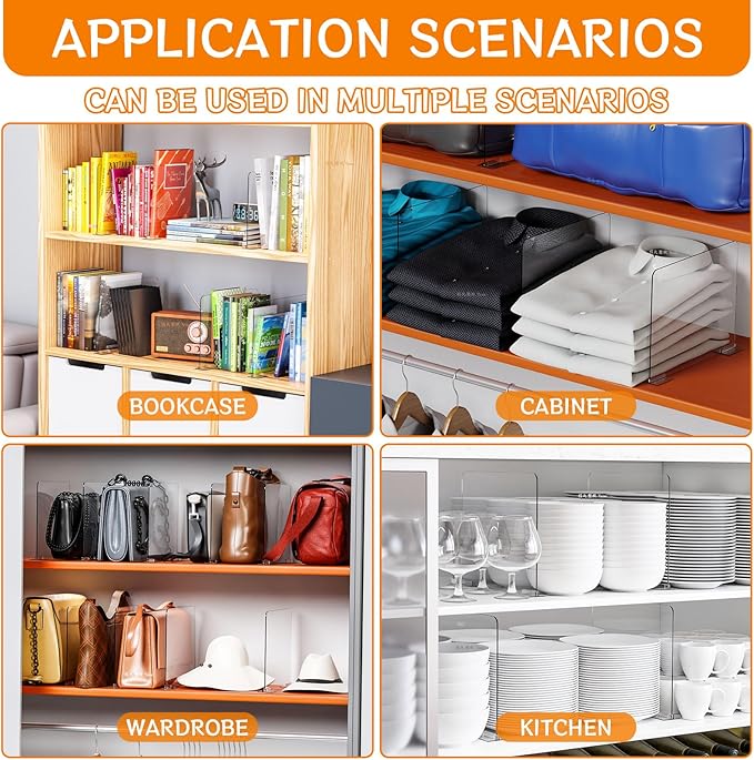 Yieach 10 Pack Acrylic Shelf Dividers for Closet Organization - Suitable for All Cupboard,Wood Shelves -Clear Closet Dividers for T Shirt,Towel,Bag,Purse Dividers,Handbag Organizer,Sweater Organizer