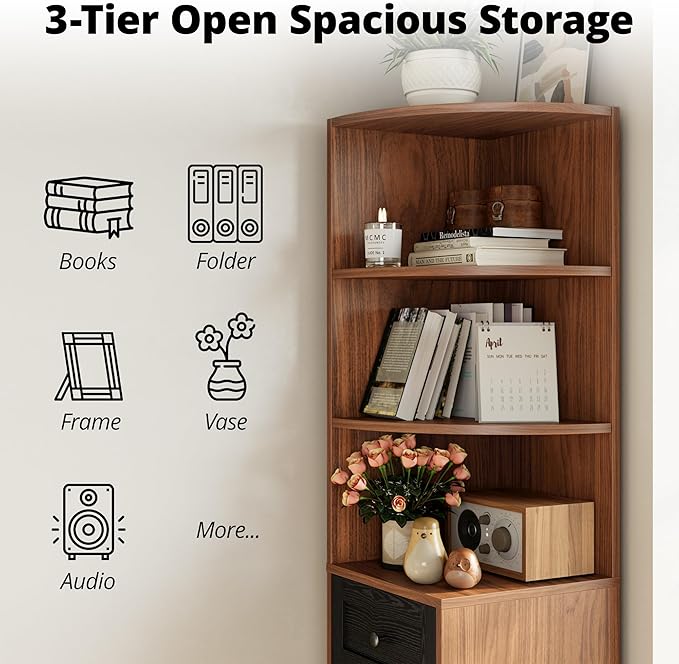 IRONCK Corner Bookshelf and Bookcase, 71" H Wooden Book Shelves 3 Tier with Drawers and Storage Cabinet for Living Room, Office, Bedroom, Brown and Black