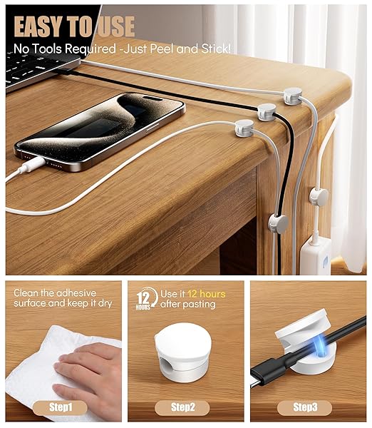 6 Pack Silicone Cord Organizer, Adjustable Magnetic Cable Clips, Strong Adhesive Cable Management Under Desk Wire Hider, Cord Holder for Nightstand, Desk, Wall, Home Office (White)