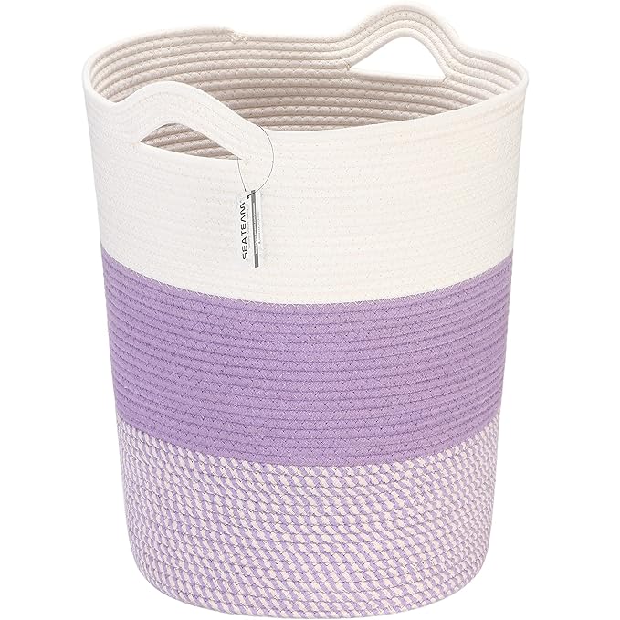 Sea Team Large Size Cotton Rope Woven Storage Basket with Handles, Laundry Hamper, Fabric Bucket, Drum, Clothes Toy Organizer for Kid's Room, 20 x 14 inches, Round Open Design, White & Mottled Purple