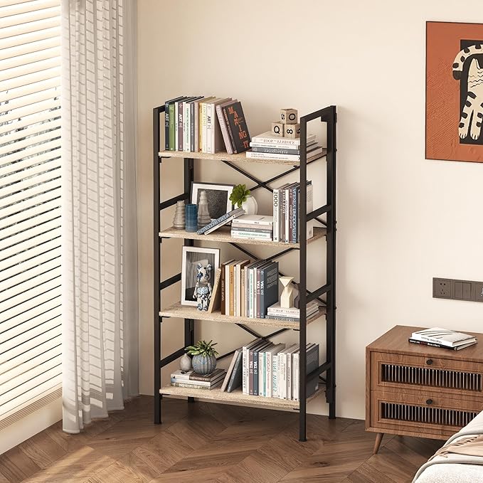 Homeiju Folding Bookshelf,4 Tier Bookcase Foldable Shelf with X-Bracket Design, Adjustable Feet, Space Saving Storage for Living Room, Office, Brownish