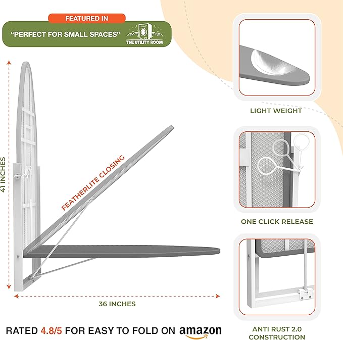 Xabitat Wall Mounted Ironing Board, 36.2" X 12.2" Compact Mount Fold Down Iron Board for Small Spaces, Space Saving with Cotton Fabric Cover, White and Grey