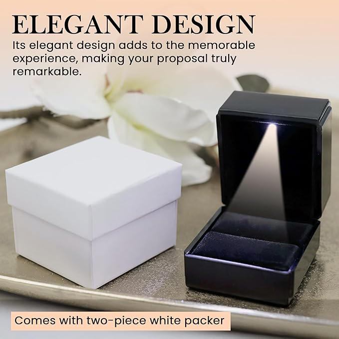 Novel Box Square Shaped Black Ring Box With LED Light 2.25X2X2.5 Inches - Jewelry Ring Case Best for Jewelry Displays - Gift Boxes for Mother's Day, Engagement, Anniversary & more Happy Occasions