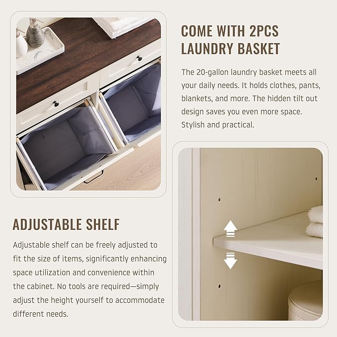 Triple Tilt Out Laundry Hamper Cabinet, 20 Gallon Farmhouse Trash Can Cabinet w/Drawer & Adjustable Shelf, Hidden Garbage Can Bin Cabinets w/Laundry Basket for Bathroom, Kitchen (Antique White)
