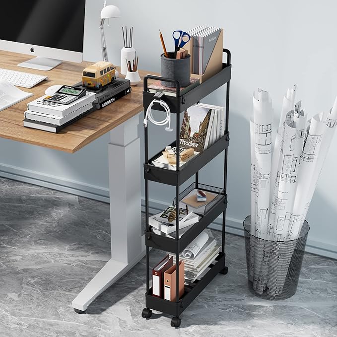 SOLEJAZZ Slim Rolling Storage Cart with Wheels 4 Tier Skinny Bathroom Storage Organizer Narrow Shelf Unit Thin Laundry Room Utility Cart for Bedside Kitchen Office Next to Fridge Small Places, Black