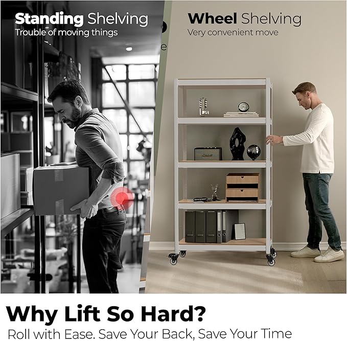 HOMEDANT House White 5-Tier Metal Boltless Rolling Cart Shelf Rack Casters Heavy Duty Wheel Shelving Unit Adjustable Storage Shelves Organizer Shelf Kitchen Garage 48.1" W x 18.5" D x 75.4" H 3Pack
