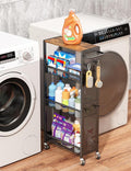 Utility Slim Storage Cart 4 Tier Small Rolling Kitchen Laundry Room Organization Cart with Wood Top Metal Narrow Laundry Room Shelves Cabinet Unit Laundry Organizer Trolley with Handle for Small space