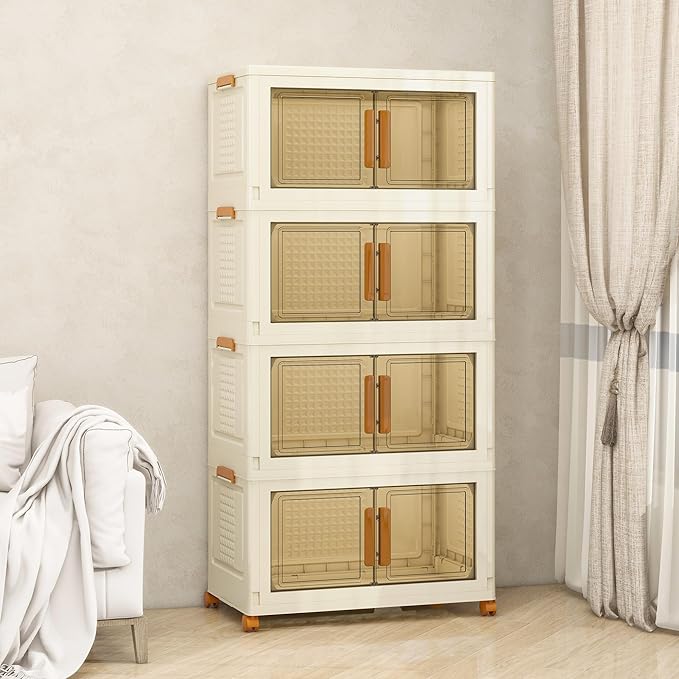 Plastic Stackable Storage Bins with Lids and Wheels, Foldable Storage Containers, Collapsible Clear Storage Cabinet with Doors White 4Tiers 148.8QT