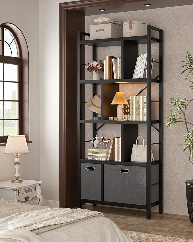 Armocity Bookshelf with Drawers - 5 Tier Tall Bookcase Geometric Modern Book Shelf Display Standing Bookshelves with Storage for Living Room, Bedroom Home Office, Black