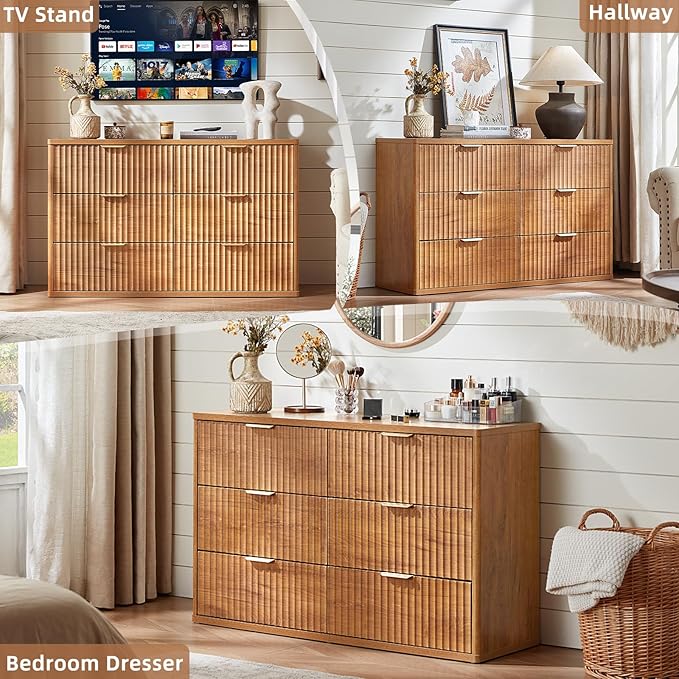 LEYAOYAO Fluted 6 Drawers Dresser, 48" Wide Modern Chest of Drawers with Woodgrain Top, Curved Profile Design, Dresser TV Stand, Wood Drawer Organizer for Bedroom, Living Room, Hallway,Brown