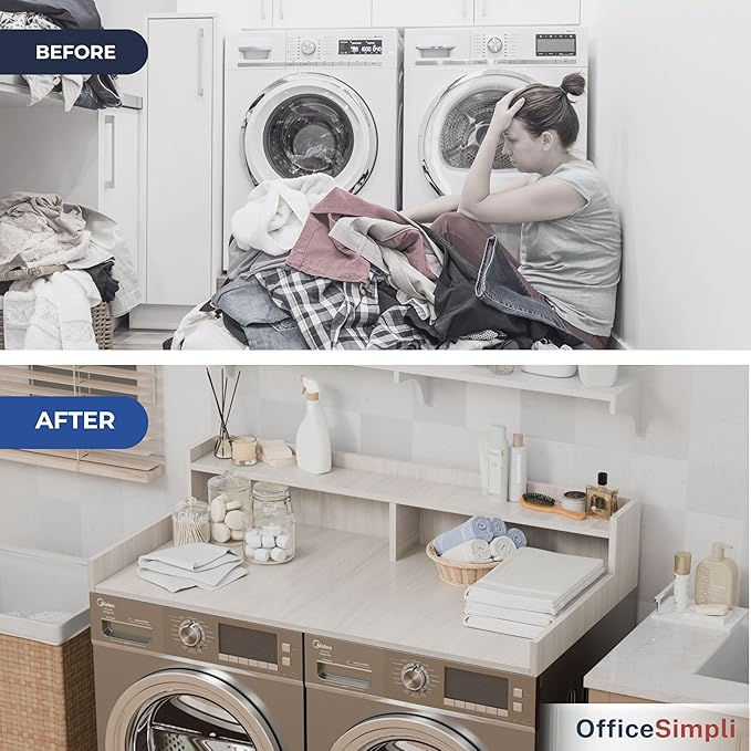 OfficeSimpli Washer Dryer Countertop with Shelf - 27.5 x 54 Inch - Made in USA Laundry Countertop Over Washer and Dryer with Non-Slip Pads, Storage Shelf, Laundry Topper Organizer, Rustic Oak