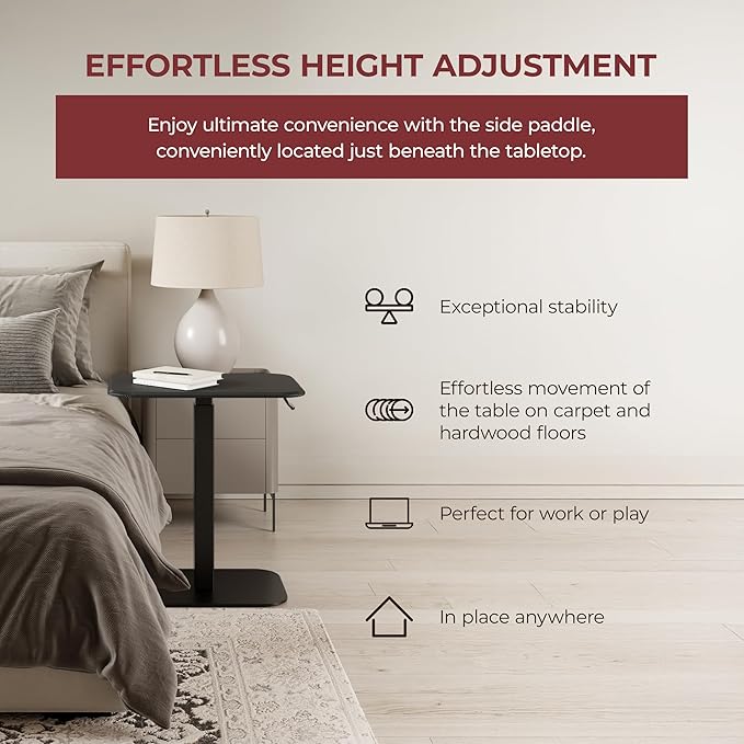 ERGOHOME™ ELEVANCE TABLE™ Height Adjustable Side Table for Couch or Bed, Laptop Table - Small End Table Office Coffee Table - C-Shaped Sofa Side Table with Multi-Function (Black Base Carbon Black Top)