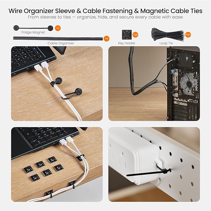 EUREKA ERGONOMIC Cable Management Organizer Kit Cable Raceways 316 PCS, 6 Cable Holder, 4 Cord Sleeve, 60 Wire Clips,2 Roll Self Adhesive Wire Ties, 100 Zip Ties For TV Office Home Under PC Desk,Black