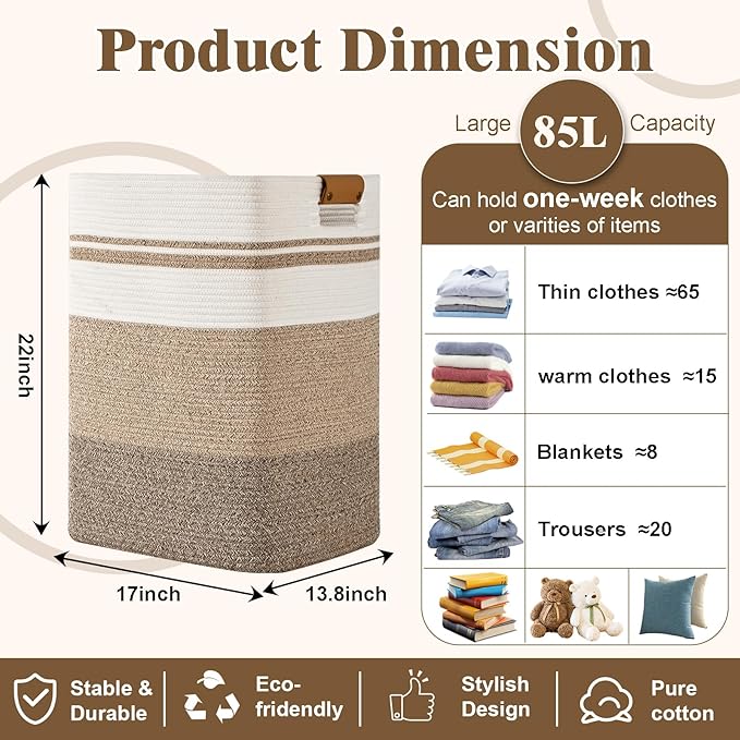 Laundry Hamper, 85L Tall Laundry Basket with Leather Handles, Rectangle Large Clothes Hamper for Organizing, Cotton Woven Laundry Baskets Storage Hampers for Bedroom, Nursery, Living Room