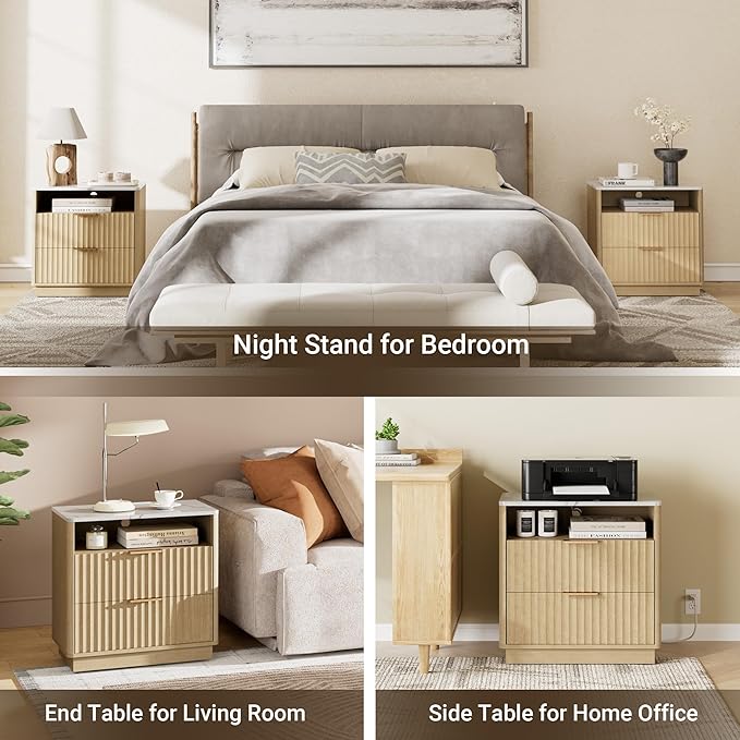 Large Fluted Night Stand with Charging Station, 23" Modern End Table with Faux Marble Top, 2 Drawers Nightstand with Storage, Side Table for Bedroom Living Room,Curved Profile(Natural Oak)