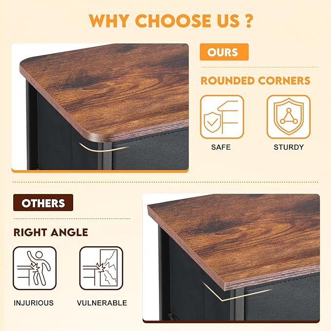 Curved Profile Dresser for Bedroom, Chest of Drawers, 5 Storage Drawers Organizer Unit, Black Dresser with Fabric Bins for Closet, Living Room, Kid Room (Grey and Rustic Brown)