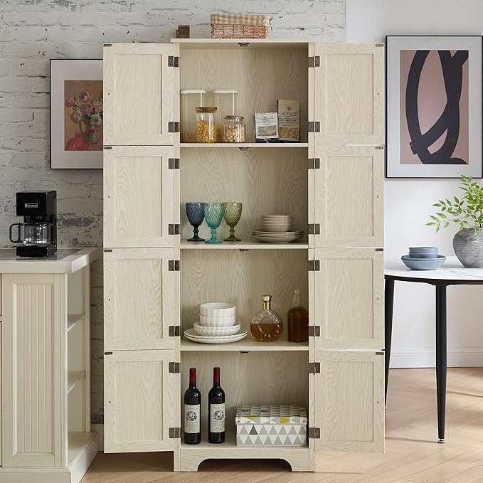72" H Farmhouse Storage Cabinet, 4 Tier Kitchen Pantry Cabinet with 4 Shelves, 8 Doors Freestanding Floor Storage Cabinet Wooden Organizer Bookcase for Living Room & Kitchen (White)