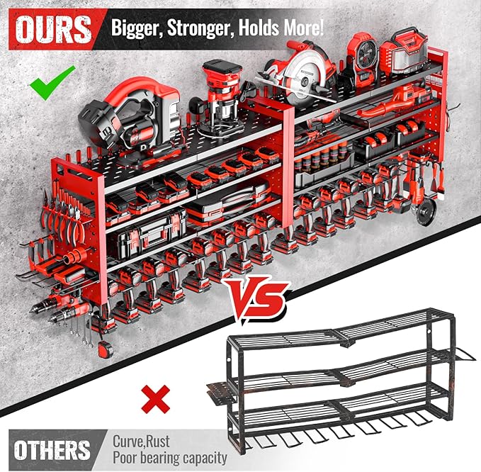 66" W Super Large Power Tool Organizer Wall Mount,Heavy Duty Cordless Tool Organizer with 18 Drill Holder,600 Lbs Capacity 4-Layer Garage Organization for Garage and Workshop (Red)