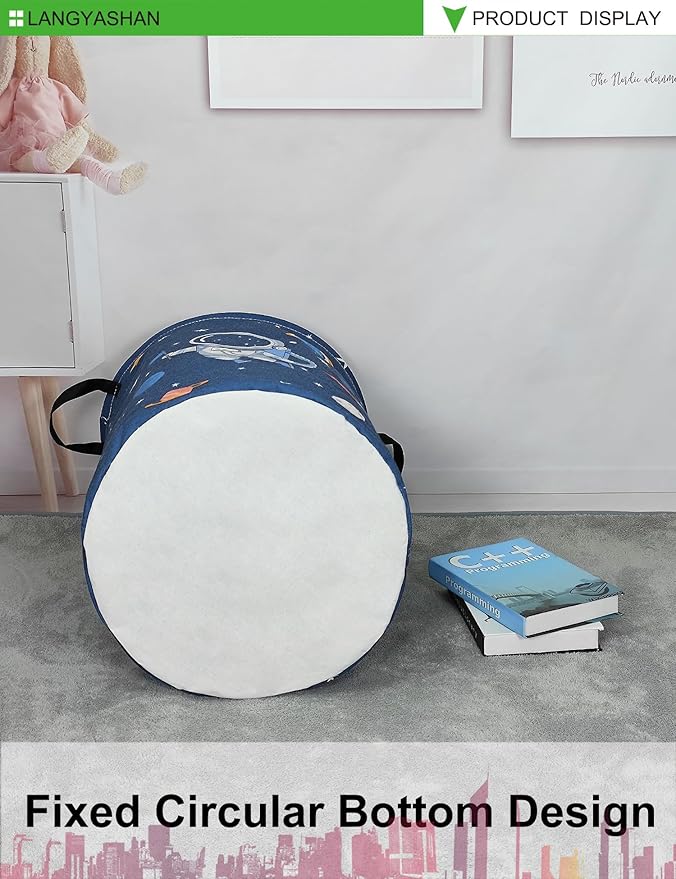 LANGYASHAN Laundry Basket Canvas Fabric Collapsible Organizer Basket for Storage Bin Toy Bins Gift Baskets Bedroom Clothes Children Nursery Hamper (Blue Space Astronaut)