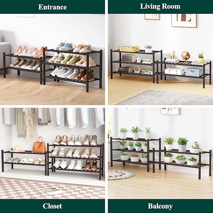 Smiry Bamboo Shoe Rack for Closet, 3 Tier Wooden Stackable Shoe Organizer, Free Standing Shoes Storage Shelf for Entryway, Front Door Entrance, Brown