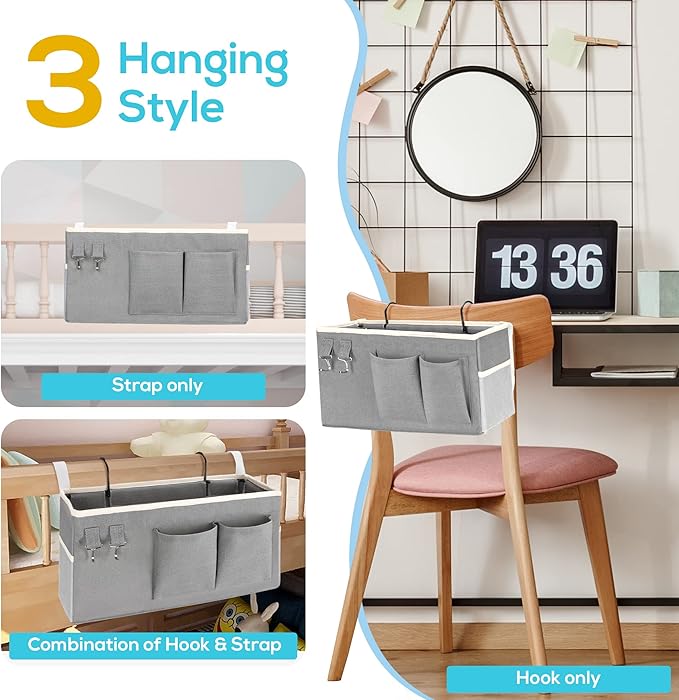2pcs Bedside Caddy Hanging Storage Bag, Organizer Baskets with Pockets for Bunk Bed Shelf and Hospital Beds, Loft & Dorm Rooms Chair Bed Rails Accessories (Bedside bag-Riceball)