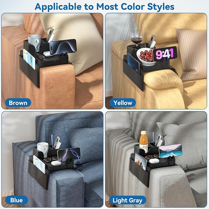Couch Arm Cup Holder CLESOO Couch Arm Tray Anti-Slip Couch Cup Holder Silicone Sofa Armrest Tray Dual Side Pocket Couch Drink Holder Sofa Caddy Arm Remote Holder Snack Caddy with Phone Holder Black