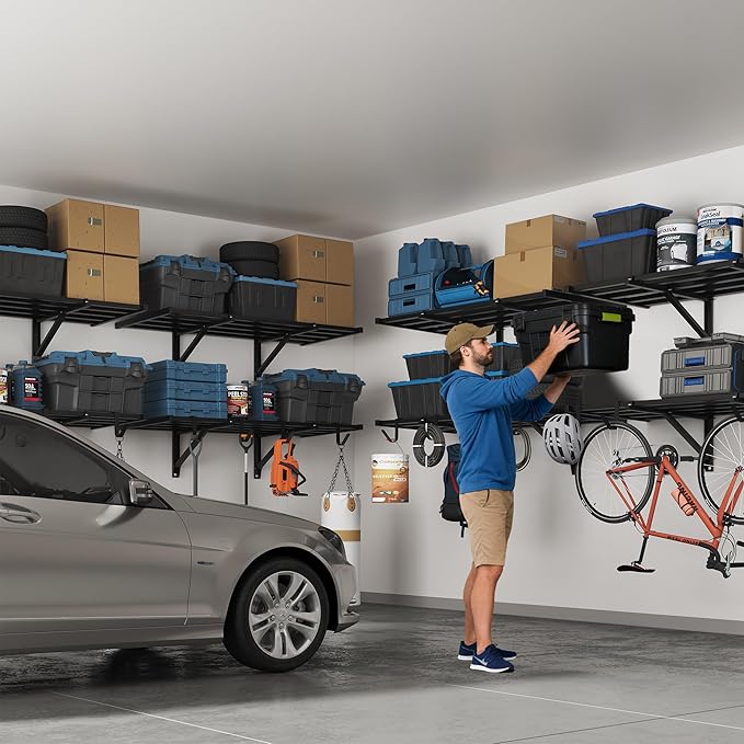 FLEXIMOUNTS 2x4ft Heavy Duty Garage Wall Shelving, 2-Pack Garage Shelving Wall Mounted with 8 Hooks, 400lbs Capacity, Storage for Power Tools, Garden Supplies, Storage Bins, Lite Series