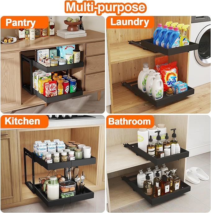 Golener 2-Tier Expandable Pull Out Cabinet Organizer - Pull-Out Drawers for Kitchen Cabinets, 2 Slide Home Storage Organizers, Slide Out Shelves for Base Cabinet Organization in Kitchen, Black Metal