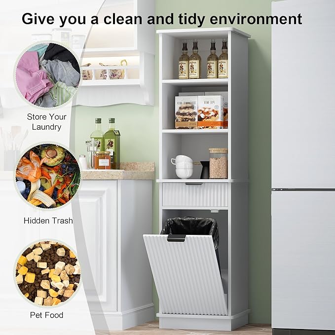 White Tilt Out Laundry Hamper Tall Bathroom Storage Cabinet Hidden Laundry Hamper Cabinet with Drawers and Baskets for Bathroom Hamper with Storage for Bedroom,16x16x59in