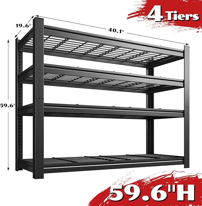 40.1" W Garage Shelving 4 Tier Heavy Duty Shelving 2280LBS Adjustable Garage Storage Shelves Industrial Metal Shelf for Kitchen Pantry Basement Closet 40.1" W x 19.6" D x 59.6" H