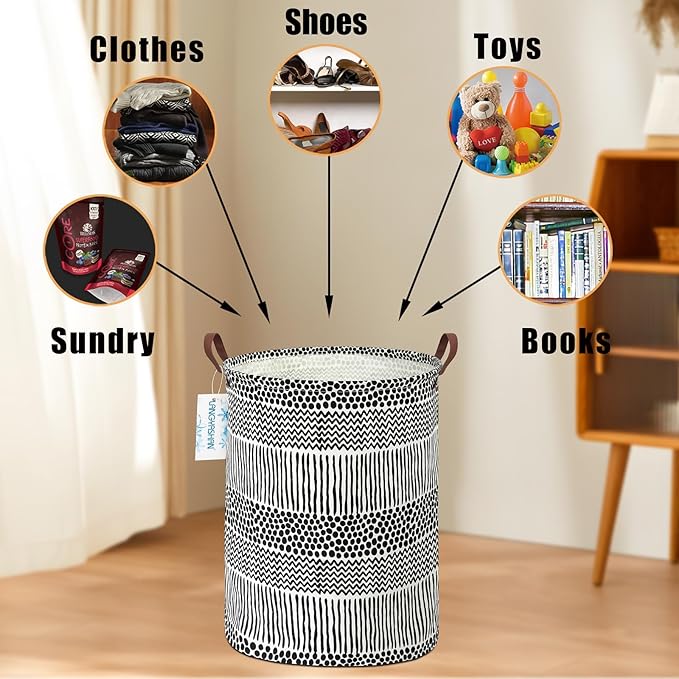 LANGYASHAN Laundry Basket Canvas Fabric Collapsible Organizer Basket for Storage Bin Toy Bins Gift Baskets Bedroom Clothes Children Nursery Hamper (Black line)