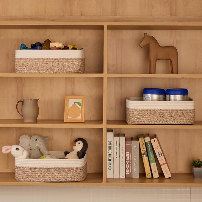 Large Shallow Organizing Baskets 15x11x5.1 Inches - Rope Woven Storage Bins for Bathroom, Shelves, Cube Closet, White Mixed Brown 3 Packs