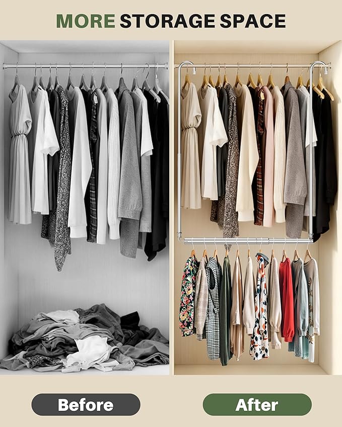 Hanging Closet Rod, 2 Pack Adjustable Height & Width Closet Rods for Hanging Clothes-Closet Extender Hanging Rod Space-Maximizing Design Suitable for Hanging and Drying Clothes, Silver