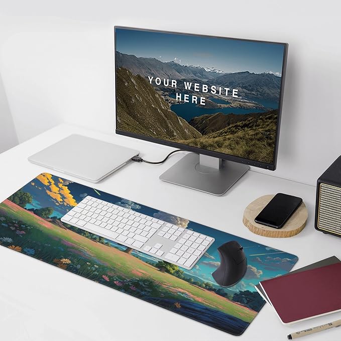 Anime Grass Flowers Blue Sky Large Mouse Pad, Vintage Aesthetic Gaming Desk Mat, XXL Keyboard Desk Pad Mat for Desktop, 35.4"x15.7" Non-Slip Base Big Mousepad with Stitched Edges