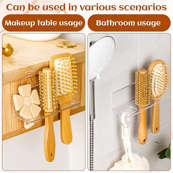 2pcs Acrylic Hair Brush Holder for Bathroom Adhesive Hair Tool Organizer Transparent Wall Mounted Comb Holder Organizer with 3 Holes No Drilling for Combs, Curling Irons, Flat Irons