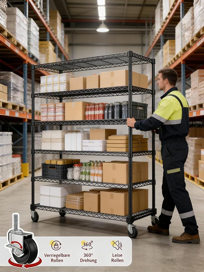 REIBII 1653LBS Storage Shelves with Wheels,76.1" H Metal Shelving 5-Tire Adjustable Wire Shelving Pantry Shelves for Garage Shelving, Pantry, Kitchen, Closet, Commercial,15.7" D x 35.4" Wx76.1 H