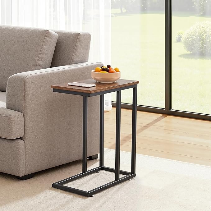 VECELO C Shaped End Side Table for Sofa Couch and Bed Snack TV Tray for Living Room Bedroom, 1 PCS Brown