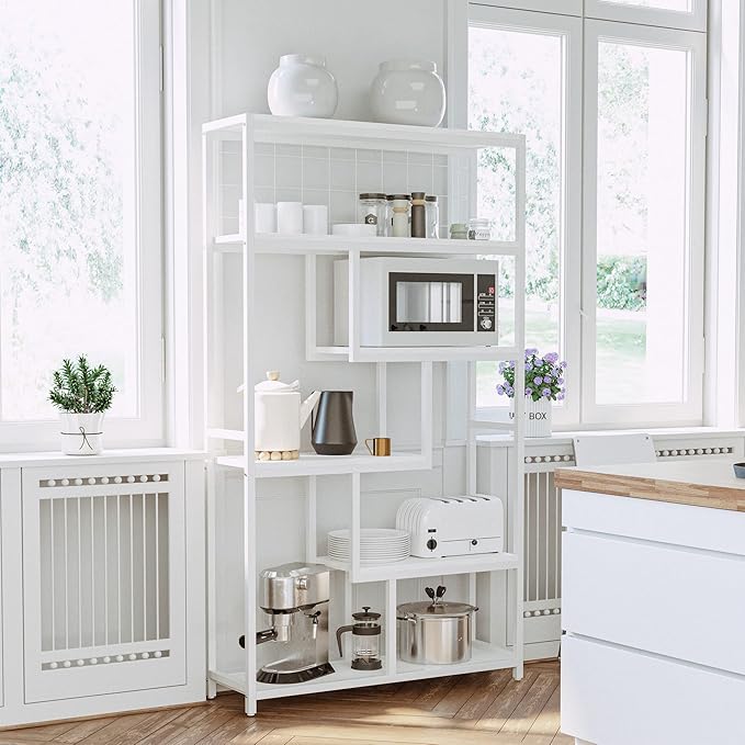 IRONCK Bookshelves and Bookcases 6-Shelf Etagere Bookcase, Industrial Open Display Shelves Geometric Bookcase with Sturdy Metal Frame，Industrial White