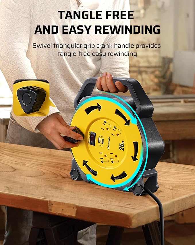 DEWENWILS Cord Reel with 4 Power Outlets, 2-USB Ports(3.4A Fast Charge), 25FT Retractable Extension Cord Reel, Heavy Duty SJTW 16/3 Cable, 13A Circuit Breaker, Hand Wind, UL Listed