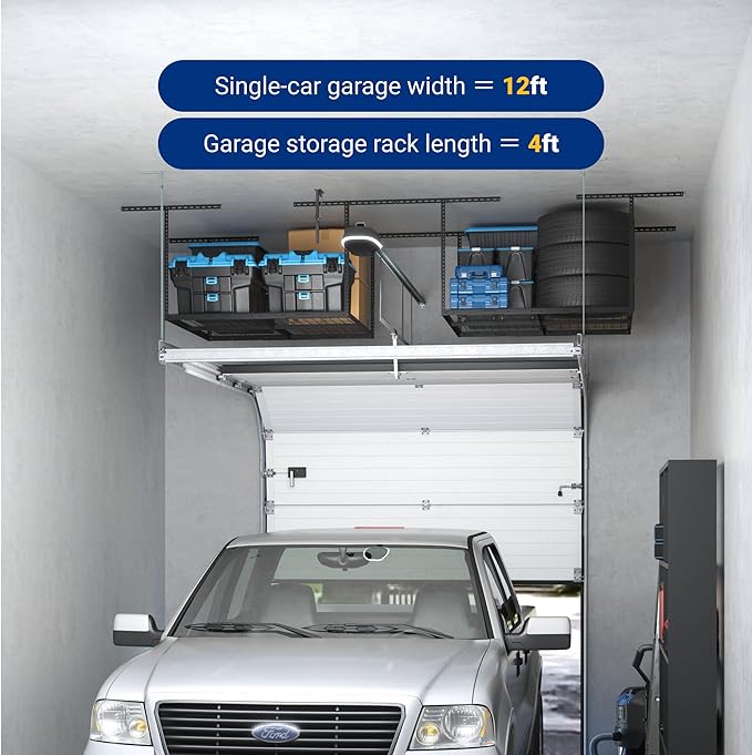 FLEXIMOUNTS 4x4 Overhead Garage Storage Rack, Adjustable Organization System, Heavy-Duty Metal Ceiling Racks, 350lbs Weight Capacity, Black, Classic Series
