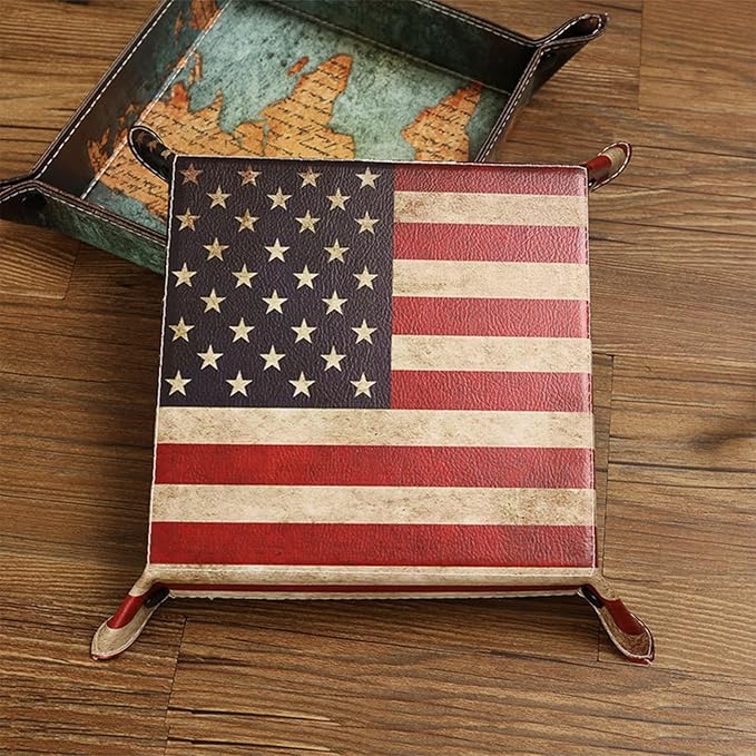 siduater Valet Tray Desktop Storage Organizer, Vegan Leather Catchall Bedside Vanity Tray Nightstand Caddy Holder for Remote Controller, Watch, Keys, Phone, Wallet, Sunglasses, Jewelry - Flag