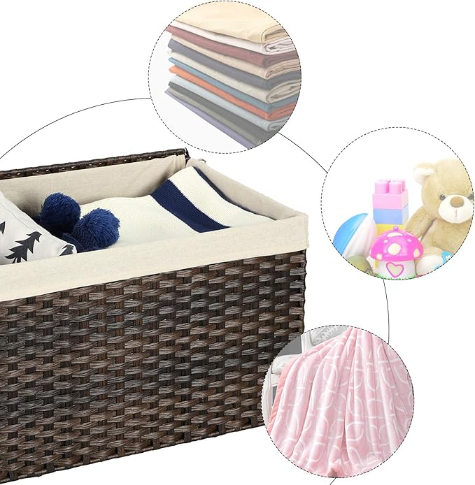SONGMICS Storage Basket with Lid, Woven Blanket Storage Bin with Handles, Foldable, Removable Liner, Metal Frame, for Bedroom, Laundry Room, 17.2 Gallons (65 L), Brown URST56BR