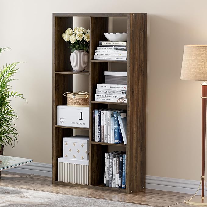 Cube Storage Organizer Bookcase, Decorative 11 inch Open Back Cubical Shelf with Thickened Border, Display Bookshelf for Living Room, Home Office, Sturdy Room (Brown, 7 Cube)