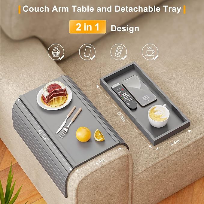 Sofa Armrest Tray Table for Couch - 2-in-1 Foldable Couch Arm Table with Be Slide Detachable Tray - Anti-Slip Sofa Armchair Caddy for Drinks Cup Cellphone TV Remote Snacks (Gray)